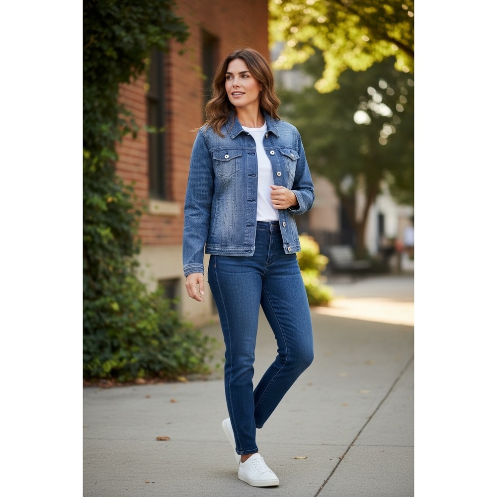 DG2 Diane Gilman Women's XL‎ Blue Pinstripe Stretch Denim Trucker Jacket NWT